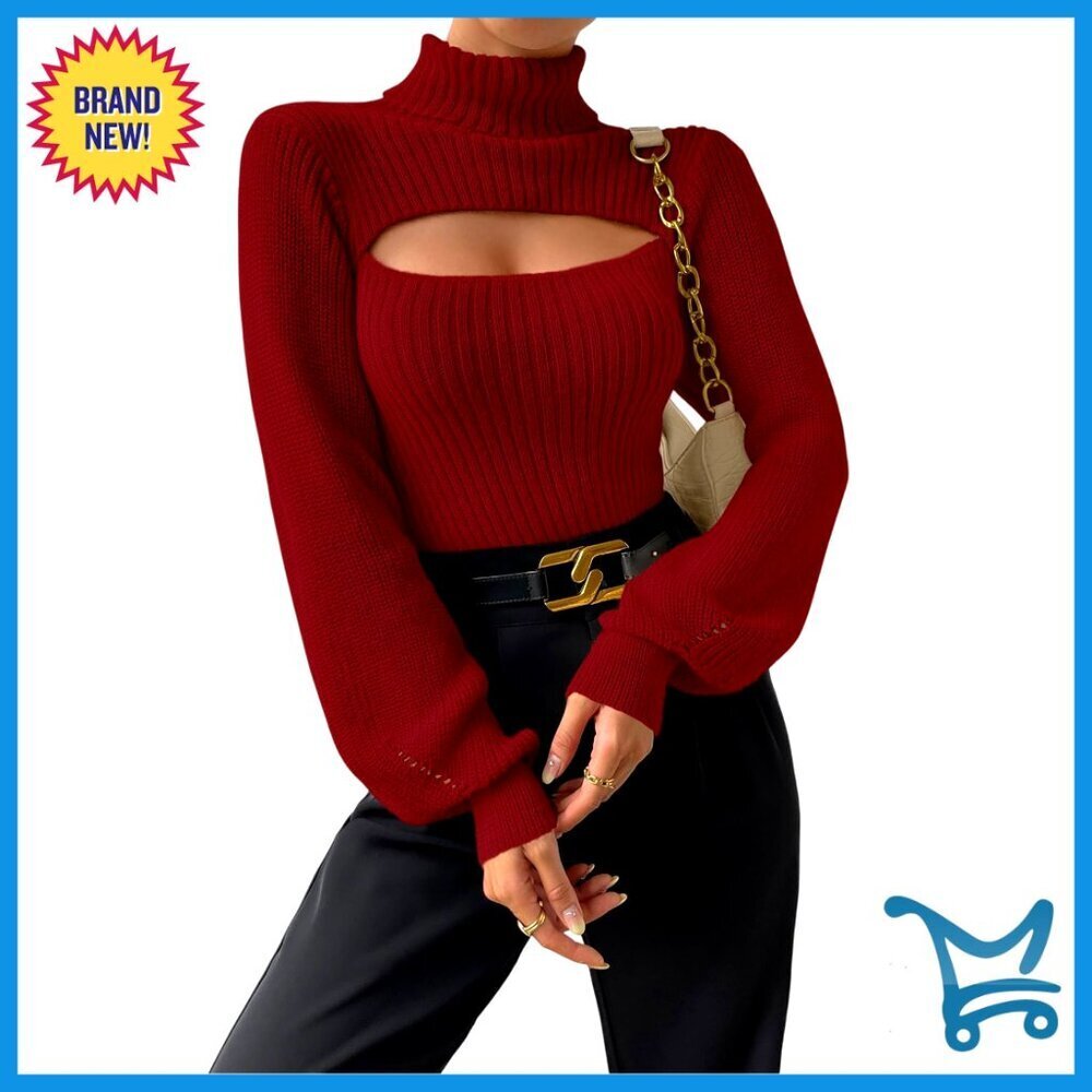 Ribbed Long Sleeve Pullover Cut Out Turtle Neck Fitted Sexy Fall Sweater